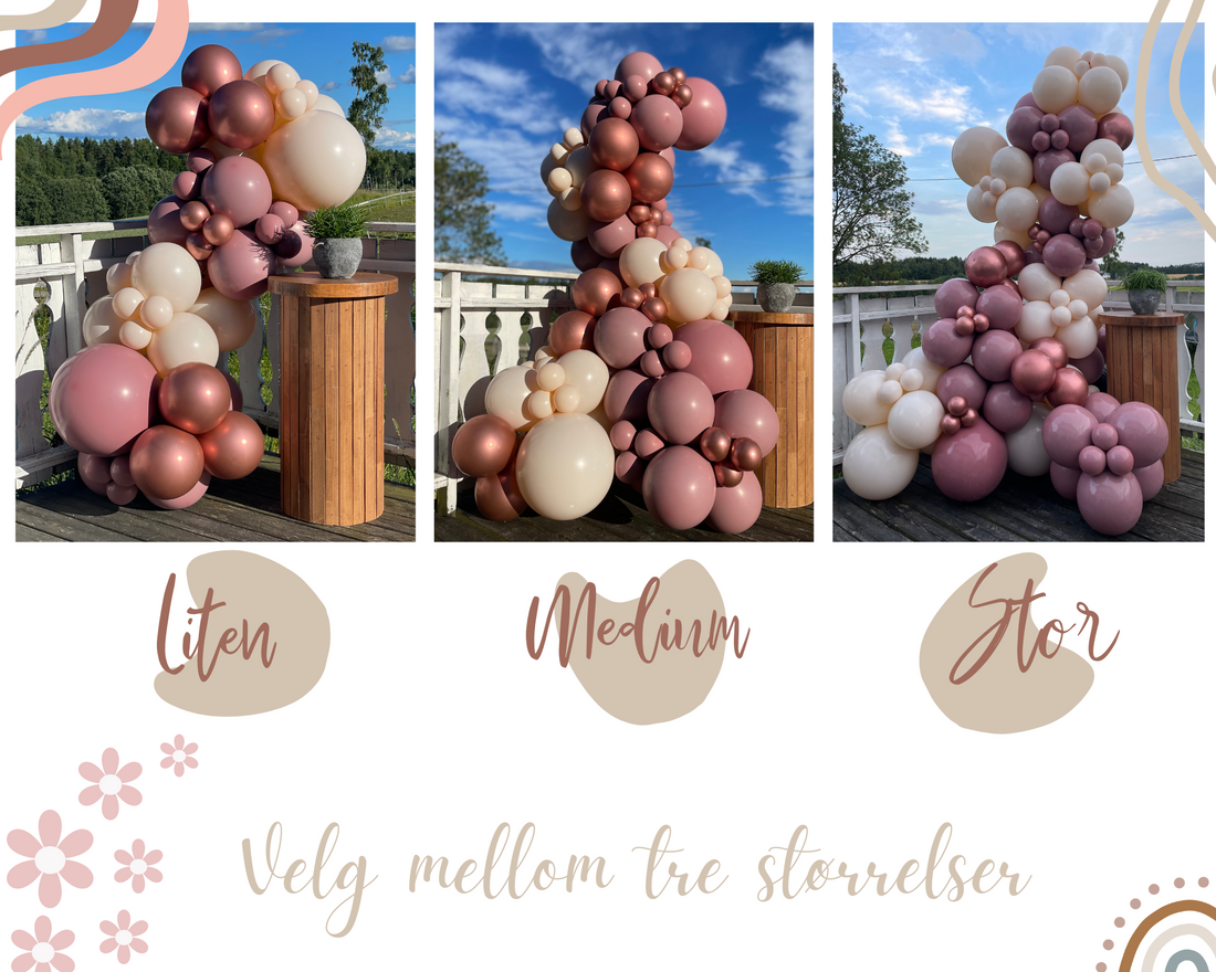 Ballongbue i tre forskjellige størrelser. Liten bue, medium bue og stor bue.
