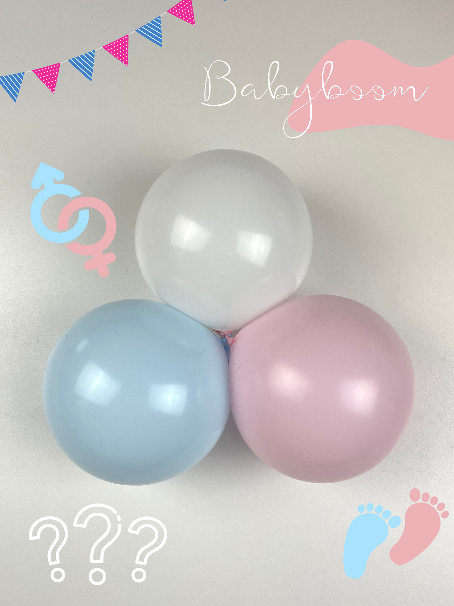 Ballonger i fargene lyseblå, lyserosa og hvit.