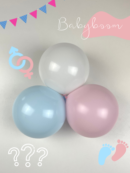 Ballonger i fargene lyseblå, lyserosa og hvit. 